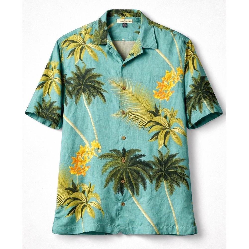 Tommy Bahama Mens L 100% Silk Hawaiian Camp Shirt Teal Palm Floral Tropical